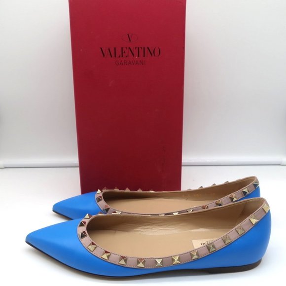 Valentino Shoes - VALENTINO ROCKSTUD BALLET FLATS BLUE & POUDRE LEATHER SIZE 40 POINTED TOE